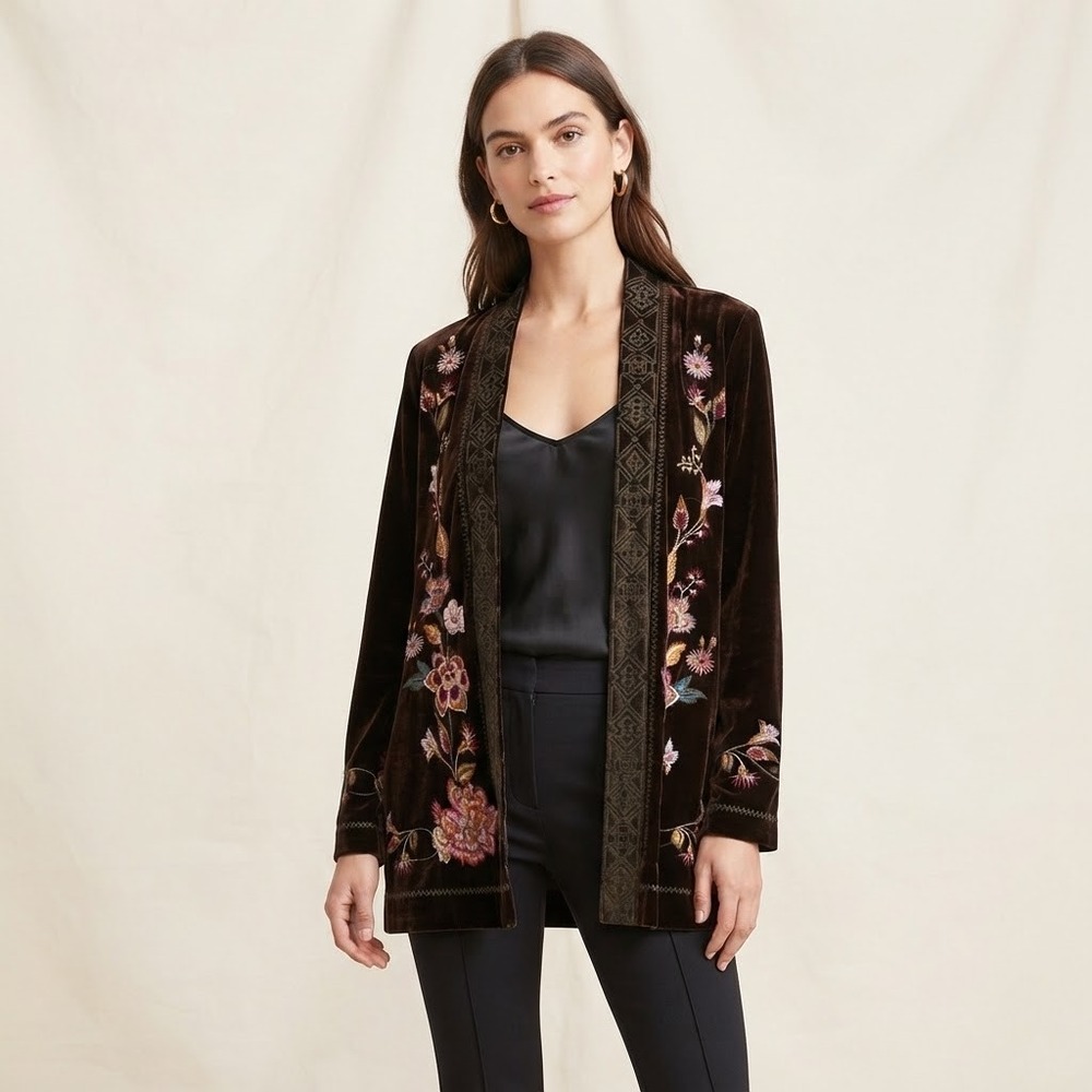 Floriana Women's Embroidered Velvet Kimono Cardigan Open Front Duster Boho M/L